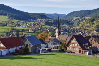View of Baiersbronn with St. Mary's Church, Freudenstadt district, Black Forest, Baden-Württemberg,
