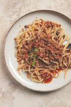 Spaghetti Bolognese, top view, close-up, without people, homemade