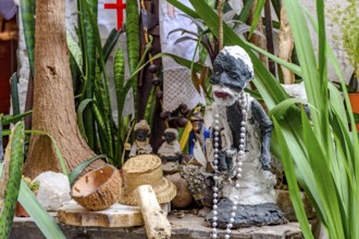 Afro-Brazilian religious altar with Umbanda objects and entities among plants, Belo Horizonte,
