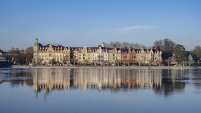 Art Nouveau facades, historic townhouses on Seestrasse with the Seerhein, Constance funnel, Lake