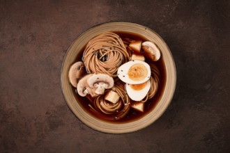 Asian soba soup, with mushrooms and egg, cheese, sesame seeds, homemade, no people