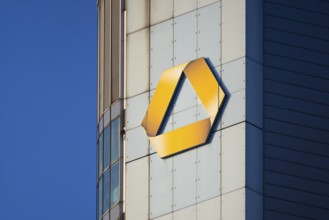 The Commerzbank logo shines in the sunlight, Frankfurt am Main, Hesse, Germany, Europe