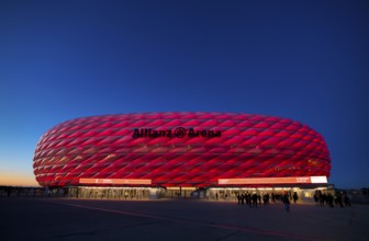 CL, Champions League evening, Allianz Arena, illuminated, overview, blue hour, Munich, Bavaria,