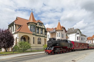 Molli steam train, city centre, villas, Bad Doberan, Mecklenburg-Western Pomerania, Germany, Europe