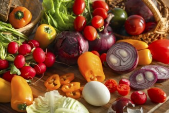 A variety of vegetables, including peppers and tomatoes, with a boiled egg and lettuce leaves