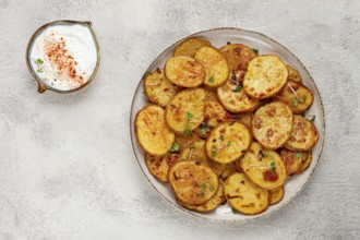 Crispy potato slices, with parmesan cheese and spices, fried in the oven, homemade, no people