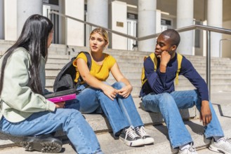 Multi-ethnic students talking while sitting on stairs at the entrance of the university