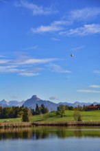 Mountain panorama at Grundweiher near Rückholz, in the background on the right Säuling (2047 m), on