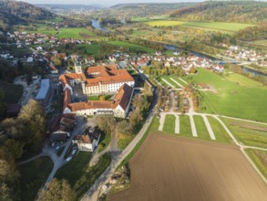 Aerial view of Plankstetten with Benedictine Abbey, Plankstetten, Berching, Bavaria, Germany,