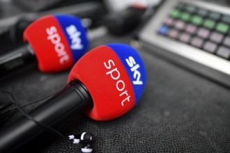 SKY Sport logo microphones Microphones lying on table Allianz Arena, Munich, Bavaria, Germany,