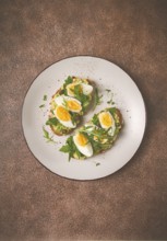 Sandwich with mashed avocado, boiled egg, and arugula, on bread, homemade, breakfast