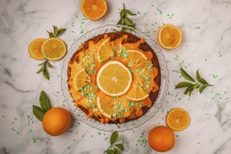 Orange cake, oranges (Citrus sinensis), autumn atmosphere, from above