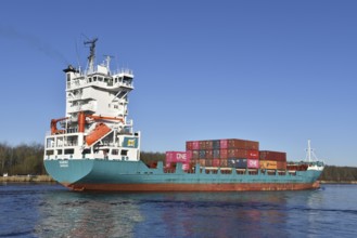 Container ship Hanni sailing in the Kiel Canal, NOK, Kiel Canal, Schleswig-Holstein, Germany,