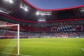 Evening match Allianz Arena, interior, illuminated, LTor, ogo FC Bayern Munich, blue hour, UEFA