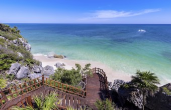 Tulum Archaeological Zone with Mayan pyramids and ruins located on the scenic ocean shore of