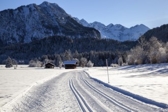 Winter landscape in the snow, cross-country skiing trail through snowy landscape, behind mountains