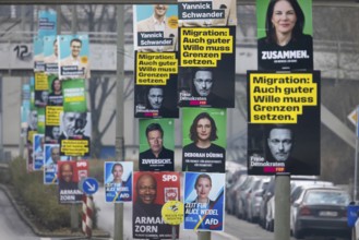 Election posters of the established parties CDU, AfD, Bündnis 90, Die Grünen, SPD and FDP hang on