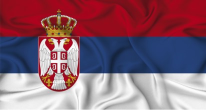 Realistic Serbia flag waving. Close up of flag of Serbia with cloth texture