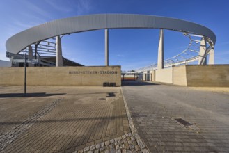 Heinz-Steyer-Stadion, stadium, side entrance, concrete building, roof construction, deep blue sky