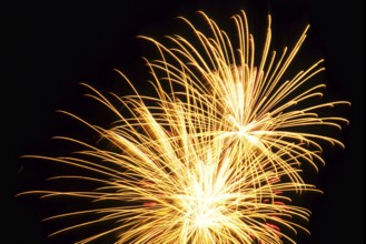 New Year's Eve fireworks, vivid fireworks in the night sky with golden, yellow stripes of light and