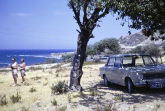 Two women standing by coast with Fiat 124 car parked in shade of olive tree, Mediterranean Sea,