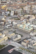Aerial view of Hamburg City Hall with Inner Alster Lake, Jungfernstieg and Speicherstadt, Hamburg,