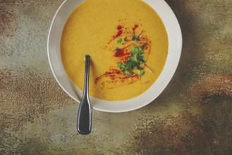Pumpkin cream soup, in a white bowl on a textured background, top view, homemade, no people, rustic