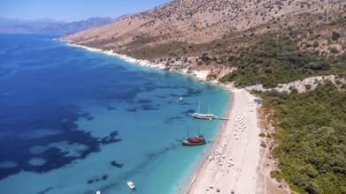 Aerial drone view of the paradise beach of Kroreza or Krorez on the Albanian riviera in Sarande,