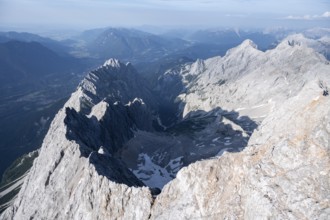 Steep rocky ridge, Waxensteinkamm, with summit Waxenstein, view from the summit of the Zugspitze,