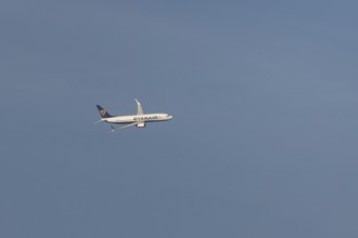 Boeing 737 jet passenger aircraft of Ryanair flying in a blue sky, Rome, Italy, Europe
