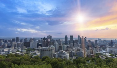 Panoramic Belvedere Mount Royal, Chalet Mont Royal, a scenic lookout of Montreal downtown skyline.