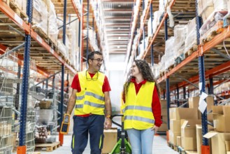 Frontal view of a mature male and young female workers of warehouse walking and chatting while