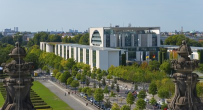 View of the modern government district in Berlin with lots of greenery, view from the Reichstag