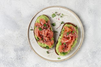 Breakfast, Sandwiches with smoked salmon and avocado, on dark rye bread, with microgreens, on a