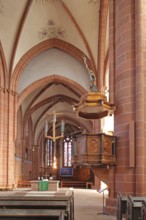 Pulpit built 17th century with sounding board and wooden decorations, wood carvings, pulpit cover,