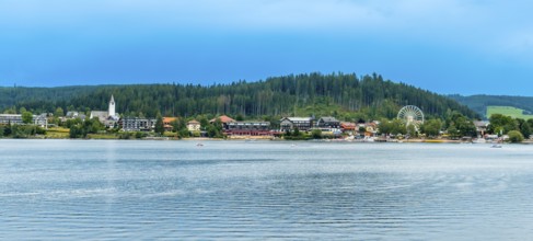 Panoramic view of the landscape seen from the boat on Lake Titisee in the Black Forest, Germany,