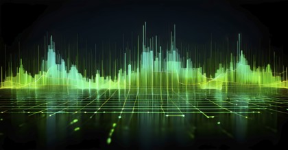 Glowing digital wave forms fluctuating in sync with a pulsating grid background, representing the