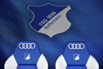 Substitute bench, TSG 1899 Hoffenheim, Logo, Audi, PreZero Arena, Sinsheim, Baden-Württemberg,