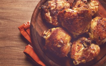 Fried chicken thighs, with spices, homemade, no people