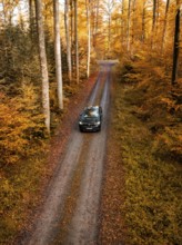 Vehicle on a lonely road in a dense, colourful autumn forest, electric car, VW ID5, Gechingen,