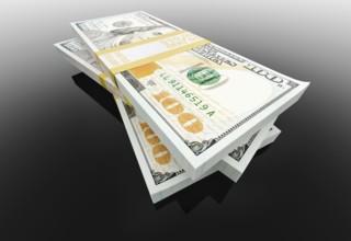 Stack of thirty thousand dollars of one hundred dollar bills on black reflective surface.