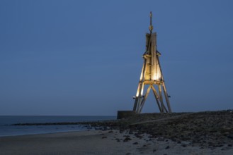 Illuminated Kugelbake, landmark, blue hour, North Sea, Lower Saxony Wadden Sea National Park,