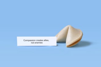 Fortune cookie with motivational text saying 'Compassion creates allies, not enemies on blue