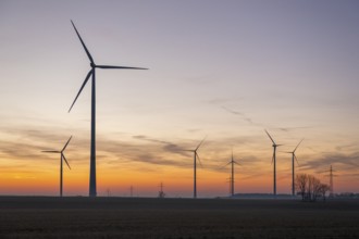 Wind turbines at sunset, colourful clouds and trees in the background, near Ulm, Swabian Alb,