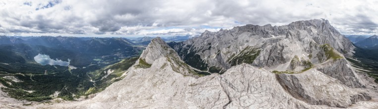 Aerial view, Waxenstein, Eibsee lake and Wetterstein Mountains, Garmisch-Patenkirchen, Bavaria,