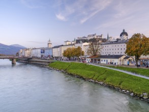 View of the fortress Hohen Salzburg, old town of Salzburg, Salzach, autumn, Salzburg, Austria,
