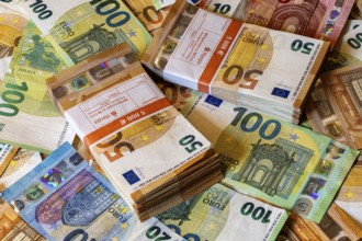 Banknotes, euros, piles and bundles