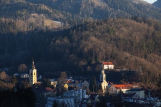 View of church towers of the city of Leoben, Leoben, Styria, Austria, Europe