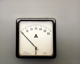 A large square industrial ammeter with an analogue dial with numbers with standard electrical