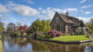 Giethoorn Netherlands, panorama city skyline at canal and traditional house in Giethoorn village